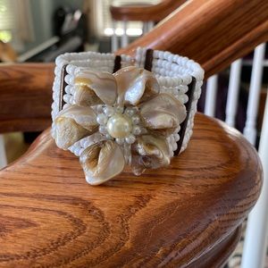 White and Tan Seed Bead Cuff Bracelet